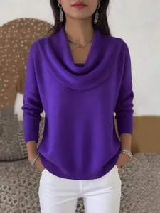 Maglione viola a collo alto morbido con paillettes, maglieria larga moda invernale