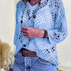 Boho style light blue V-neck diamond hollow knit sweater cover-up with batwing sleeves