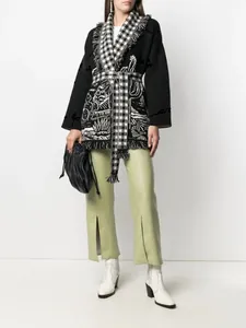 Elegant black and white jacquard cactus pattern belted cardigan with luxury fringe trim detail