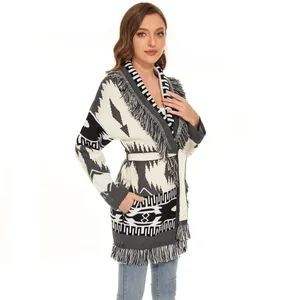 Ethnic pattern knit cardigan for women with fringe trim and removable waist tie