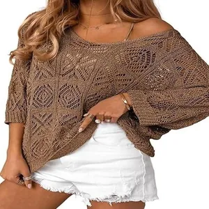 Bohemian brown crochet hollow-out pullover with three-quarter sleeves and off-shoulder design.
