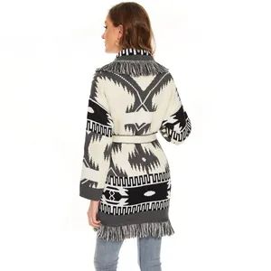 Detailed back view of ethnic knit cardigan with geometric pattern and fringe trim.