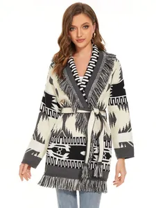 Women Bohemian Geometric Knit Cardigan Coat With Tassel Trim Belted Long Sleeve Thick Ethnic Style Winter Sweater Outerwear