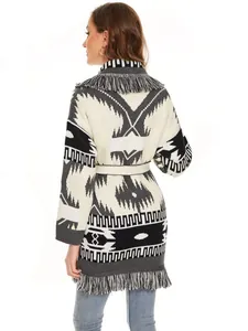 Women's ethnic geometric pattern wool knit cardigan with fringes and waist tie back view