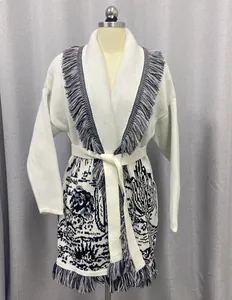 Cactus jacquard knit cardigan with large fringe lapels and waist tie, mid-length sweater coat