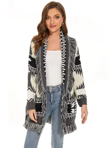 Bohemian tribal print open front long cardigan sweater with stylish fringe trim for women