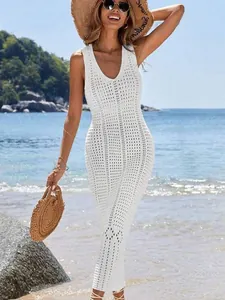 White crochet knit sleeveless maxi beach cover-up dress for women with V-neck design
