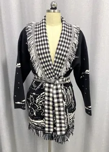 Black and white cactus jacquard knit cardigan with fringed gingham lapel and belt