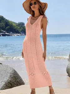 Elegant peach crochet knit beach cover-up maxi dress for women's summer vacation