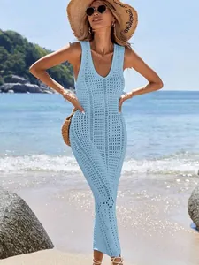 Light blue sleeveless hollow-out knit maxi dress beach bikini cover-up for vacation
