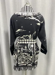 Detailed back view of a black and white cactus jacquard cardigan with fringe lapel