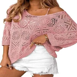 Women's pink crochet hollow-out knit top with 3/4 sleeves in spring/summer style