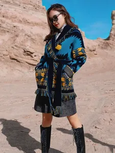 Bohemian thick wool jacquard cardigan with fringe and tie waist for women's winter fashion