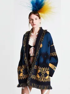 Bohemian jacquard wool cardigan with fringe and tribal pattern in blue and yellow