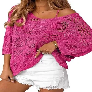 Women's pink crochet hollow-out sweater with off-shoulder style and 3/4 sleeves