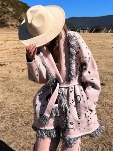 Cardigan da Donna in Misto Lana Jacquard Bohemien Retro con Frange Revers Maglione in Maglia Lunghezza Media Ampio con Cintura Top Etnico