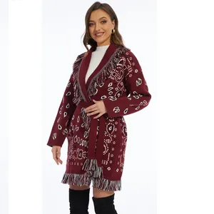 Close-up detail of wine red thick fringe jacquard cardigan with retro lapel design