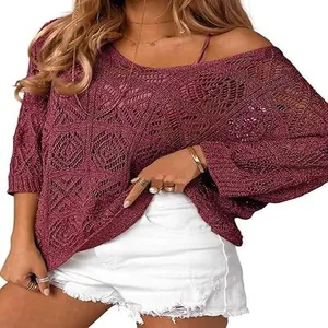 Elegant maroon hollow-out crochet sweater featuring off-shoulder neckline and 3/4 sleeves