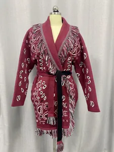 Vintage wine red long-line cardigan with tassel fringe and jacquard knit pattern.