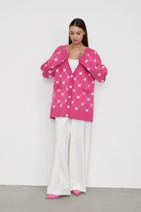 Pink heart jacquard knit cardigan sweater with V-neck buttons and front pockets for women