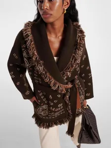 Gilet en Maille Épais pour Femmes en Mélange de Laine Jacquard avec Franges Longueur Moyenne Manteau Ample avec Ceinture