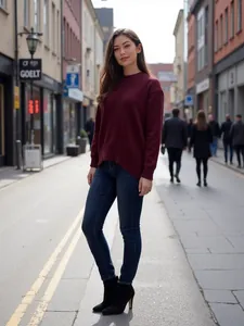 Pull en maille bordeaux à col rond pour femme présenté dans un style urbain chic