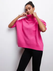 Élégant pull à col roulé en maille rose surdimensionné pour femme, coupe décontractée