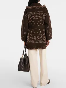 Gilet épais en maille jacquard marron avec franges et ceinture, veste longue laine