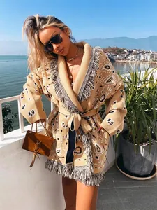 Boho gebreid vest met paisley-print franjes en tailleband voor dames in de herfst