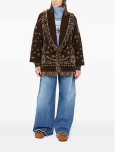Gilet en maille mi-longue ample avec franges et motif jacquard pour l'hiver