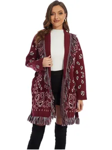 Elegant wine red long-sleeved knit cardigan with fringe details and jacquard patterns