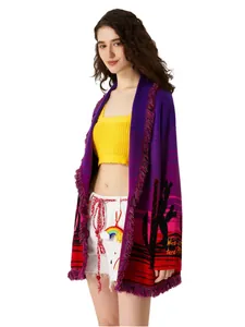 Vintager violetter Jacquard-Cardigan aus Wollmischung mit Fransen und Kaktus-Design