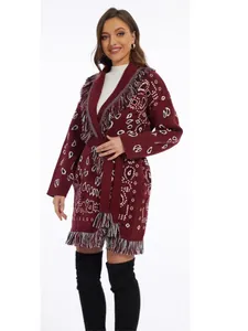 Elegant wine red jacquard mid-length knit cardigan with boho fringe and belt for women