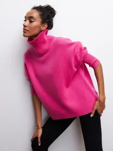 Pull à col roulé fuchsia surdimensionné pour femme en tricot doux style hivernal