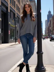 Pull en maille gris col rond décontracté pour femme dans un style de rue citadin