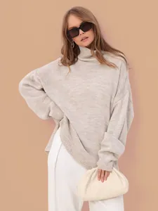 Women Casual Oversized High Neck Knit Sweater Acrylic Long Sleeve Loose Pullover Jumper For Autumn Winter