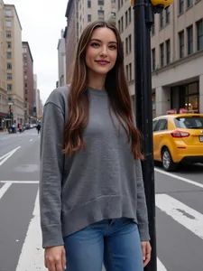 Détail d'un pull en maille gris à col rond porté par un mannequin dans un décor urbain chic