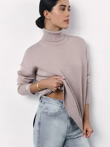 Women Casual Loose Turtleneck Sweater Core-Spun Yarn Knitted Pullover Long Sleeve Drop Shoulder Top For Autumn Winter