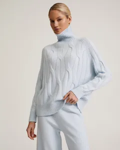 Elegant light blue turtleneck cable knit sweater and matching pants two-piece loungewear set