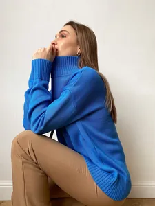 Elegant cobalt blue thick turtleneck knit sweater for women, cozy loose autumn winter fit