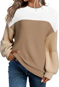 Color block knit sweater with lantern sleeves and round neck for autumn winter style