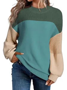 Women Color Block Lantern Sleeve Sweater Acrylic Patchwork Knitted Pullover Round Neck Long Sleeve Top For Autumn Winter