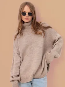 Oversized beige turtleneck knit sweater for women, cozy loose fit for autumn and winter