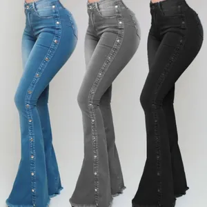 Dames High Waist Stretch Flare Jeans Met Metalen Klinknagels Distressed Zoom Mode Streetwear Bell Bottom Denim Lange Broek