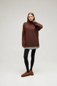 Full view of oversized brown turtleneck knitted sweater for women in autumn and winter