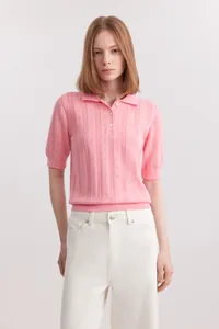 Pink polo collar short sleeve knit sweater with delicate vertical hole patterns