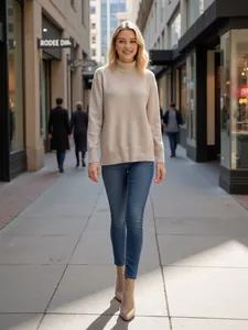Detailansicht eines lockeren beige Rollkragen-Strickpullovers an einem Model im Freien.
