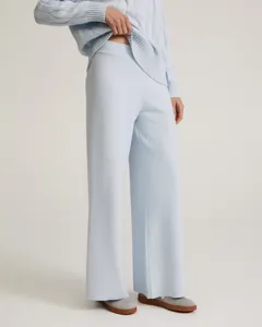 Detail view of light blue knitted wide-leg pants from a women's two-piece lounge set.