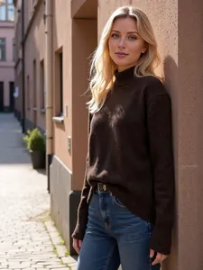 Outdoor-Lifestyle-Aufnahme einer Frau mit lockerem dunkelbraunem Rollkragenpullover.