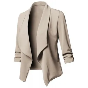 Women's slim fit casual blazer with draped lapel and ruched sleeves in khaki color